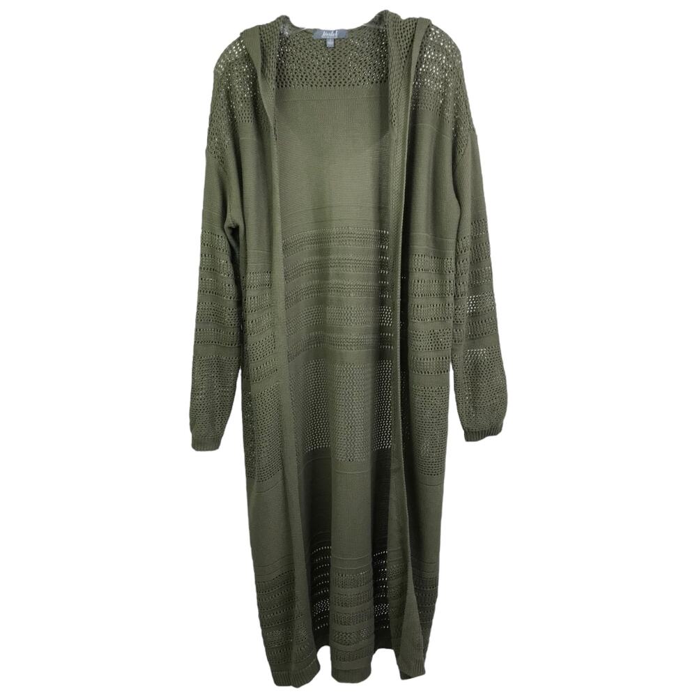 Marled Reunited Clothing Olive Green Hooded Pointelle Longline Duster Cardigan S